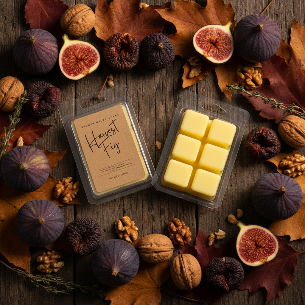 Harvest Fig wax melt clamshell packages displayed on dark wood with fresh and dried figs, autumn leaves, dried herbs, and walnuts in warm golden harvest light