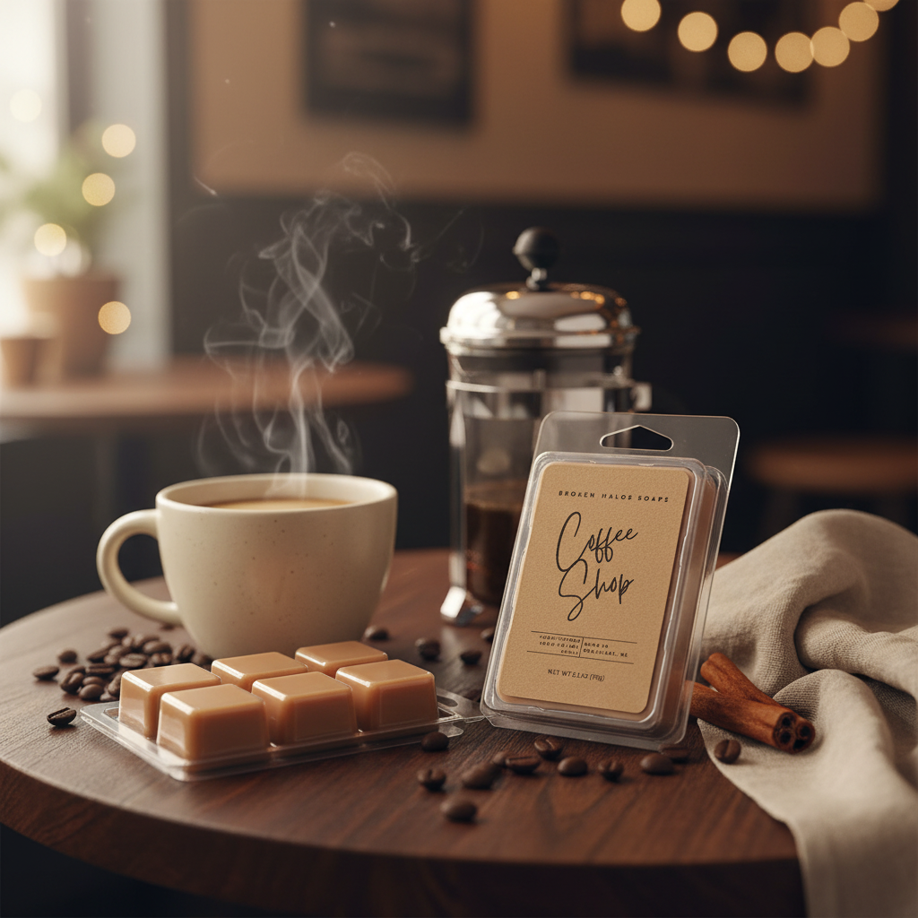 Coffee Shop wax melt clamshell packages displayed on a dark espresso cafe table with a steaming mug, coffee beans, French press, cinnamon stick, and soft linen in a warm cozy coffee shop setting
