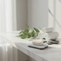 Spa counter lifestyle scene featuring the white and gray layered soap lift on a marble surface with eucalyptus leaves and smooth river stones