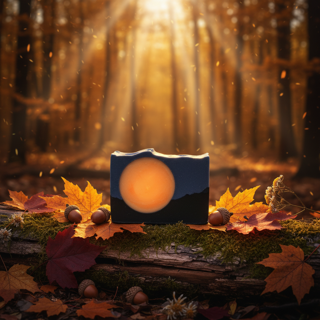 Harvest Moon goat milk soap bar on a flat rock in a golden autumn forest clearing surrounded by fall leaves, acorns, and wildflowers at dusk