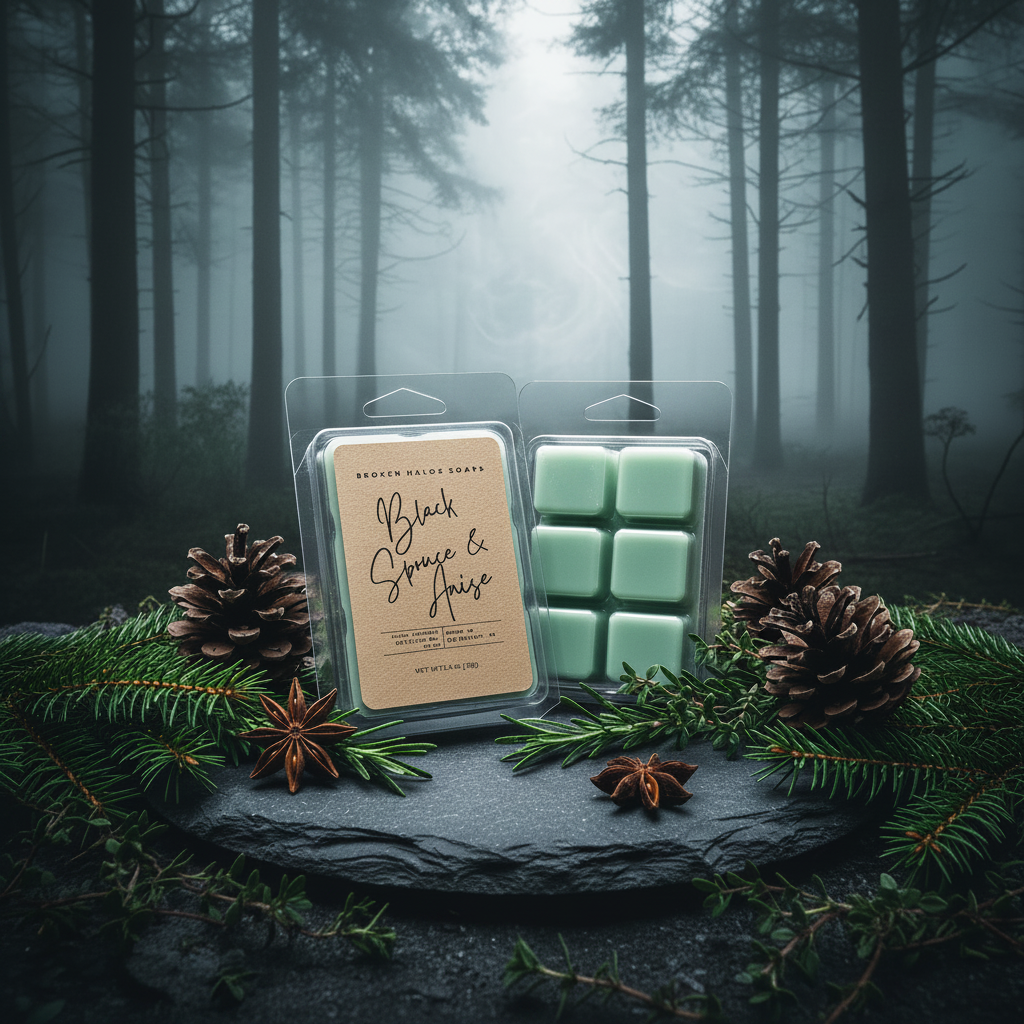 Black Spruce & Anise wax melt packaging displayed on dark slate with pine cones, spruce branches, and star anise in a brightened moody forest setting