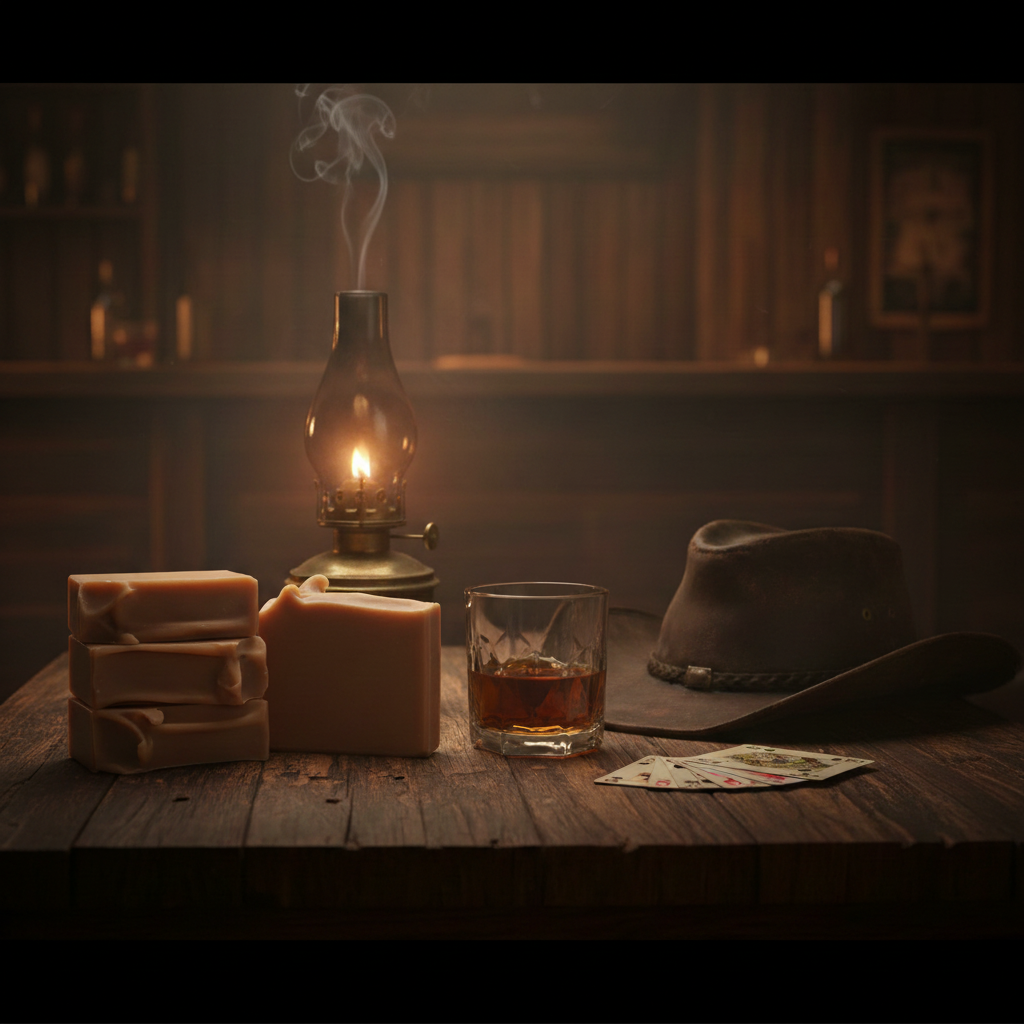 Outlaw goat milk soap bars dramatically lit on a dark saloon table with whiskey glass, cowboy hat, playing cards, and smoking oil lamp in a gritty Western saloon setting