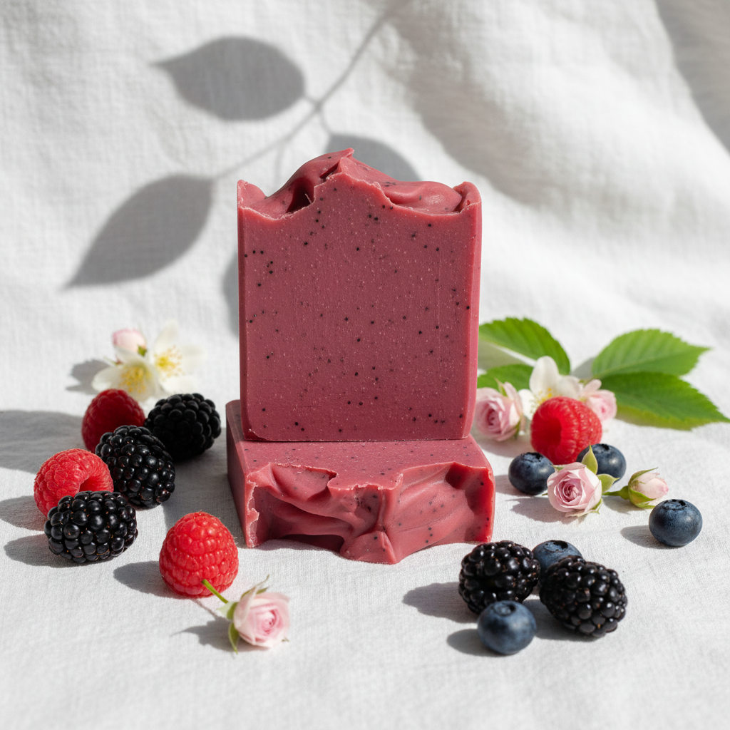 Berry Breeze goat milk soap bars styled with fresh raspberries, blackberries, blueberries, and soft florals on white linen with dappled sunlight