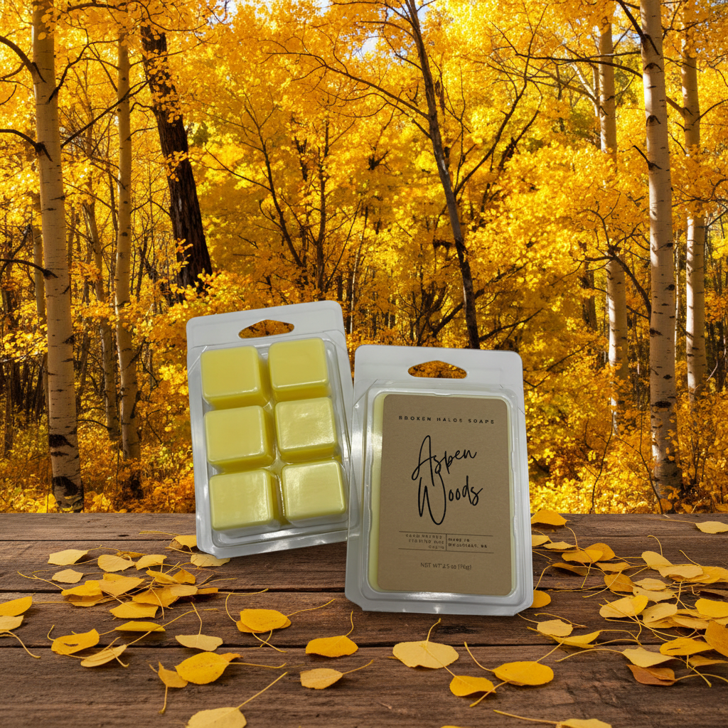 Aspen Woods wax melt clamshell packages displayed in a golden autumn aspen forest with fallen leaves and warm amber sunlight