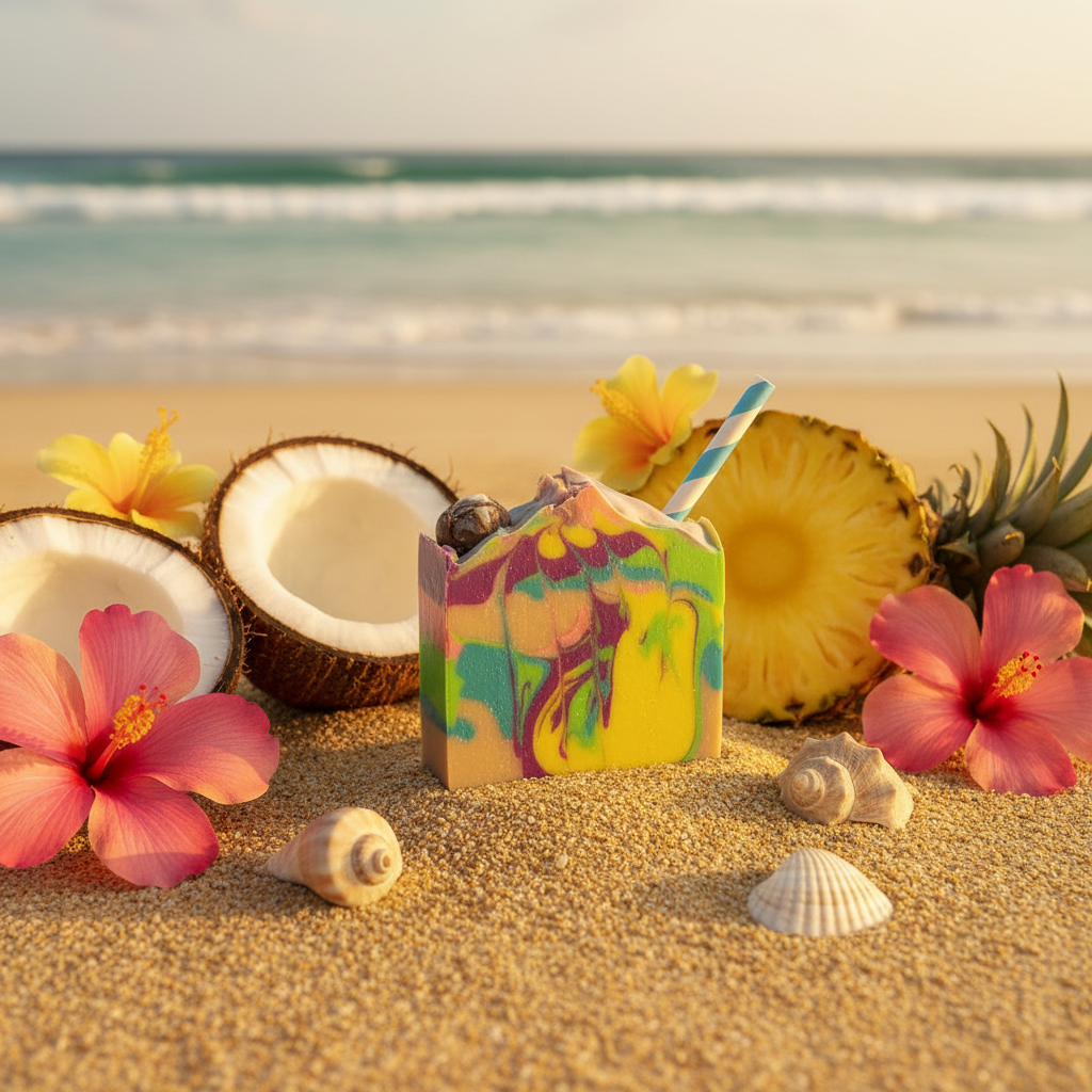 Coconut Colada goat milk soap bar with blue striped paper straw styled on sandy beach with fresh coconut, pineapple, hibiscus flowers, and seashells
