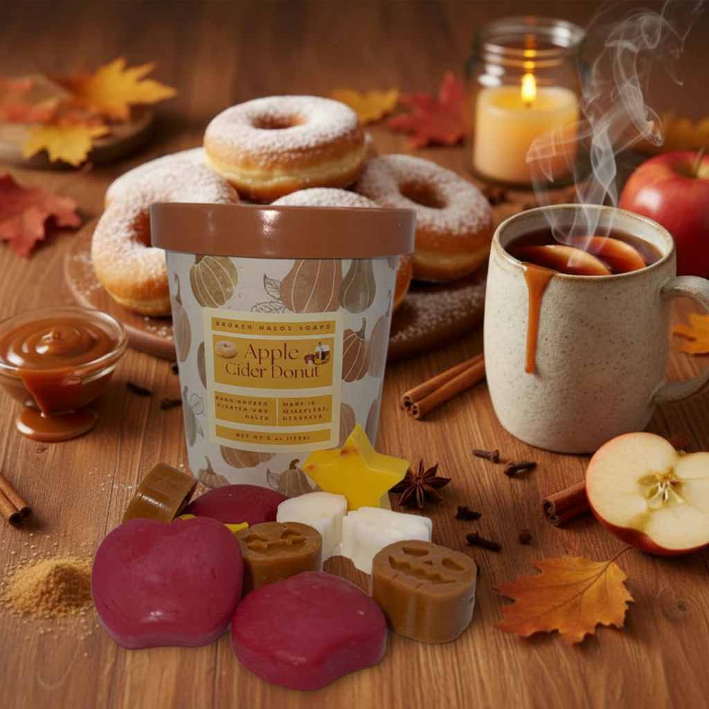 Apple Cider Donut wax melt bucket placed in a cozy autumn scene with powdered sugar donuts, steaming apple cider mug, caramel sauce, cinnamon sticks, autumn leaves, and a glowing candle on a warm dark wood surface