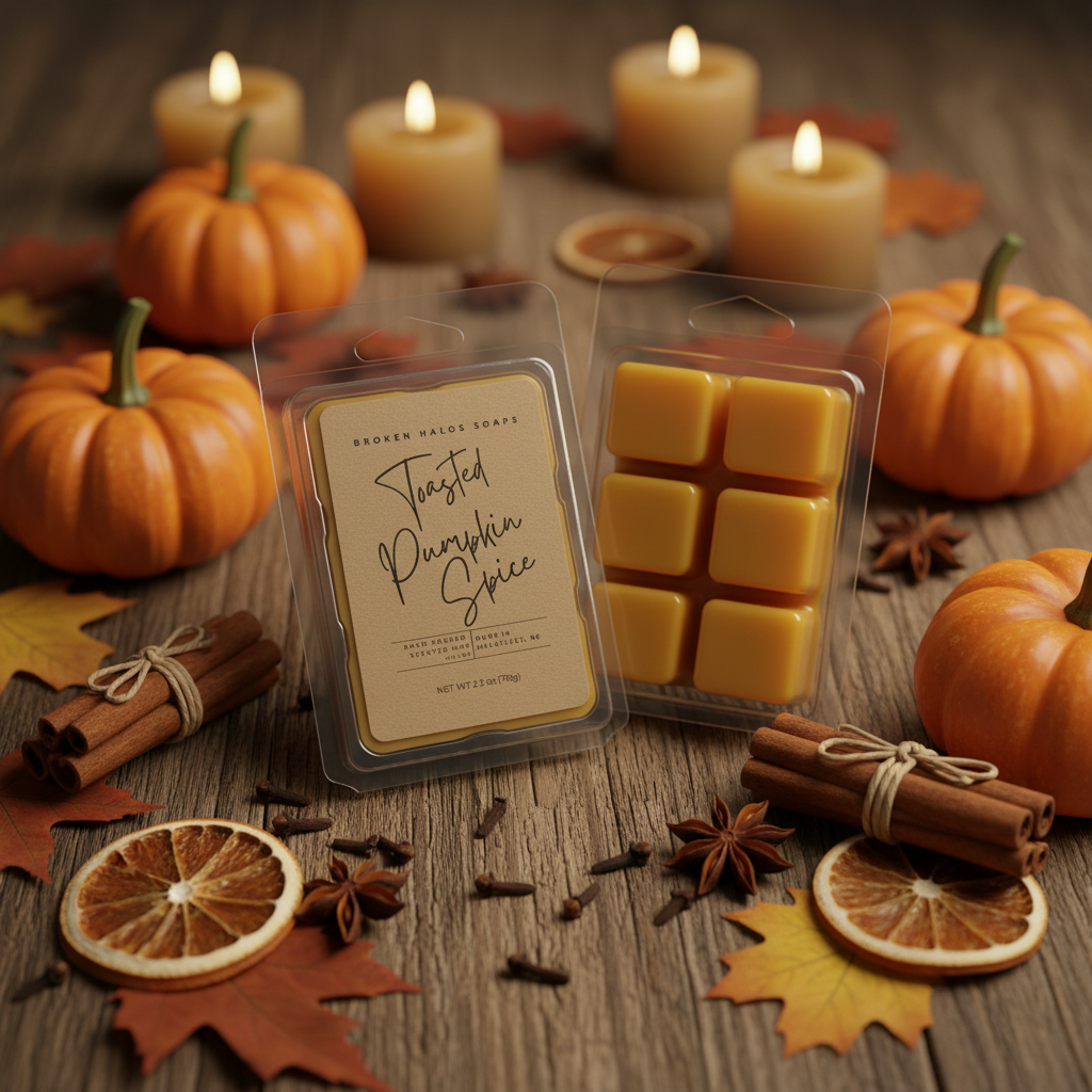 Toasted Pumpkin Spice wax melt clamshell packages displayed with sugar pumpkins, cinnamon sticks, star anise, dried orange slices, and autumn leaves in warm candlelight