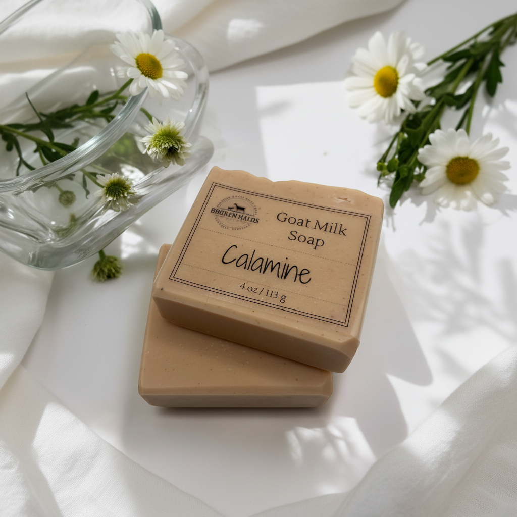 Calamine goat milk soap bars with kraft paper labels styled with fresh white daisies, dappled sunlight, and soft linen on a bright white surface