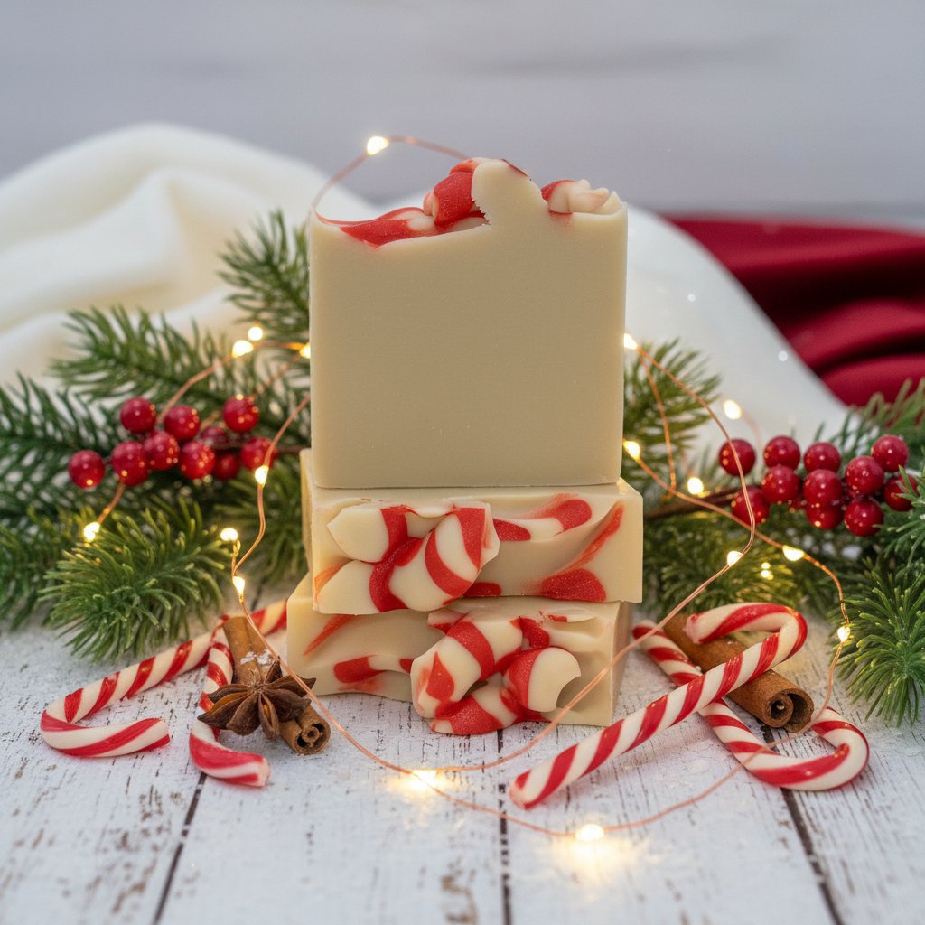 Peppermint candy cane goat milk soap bars styled with real candy canes, pine sprigs, holly berries, cinnamon sticks, and fairy lights on snowy white wood