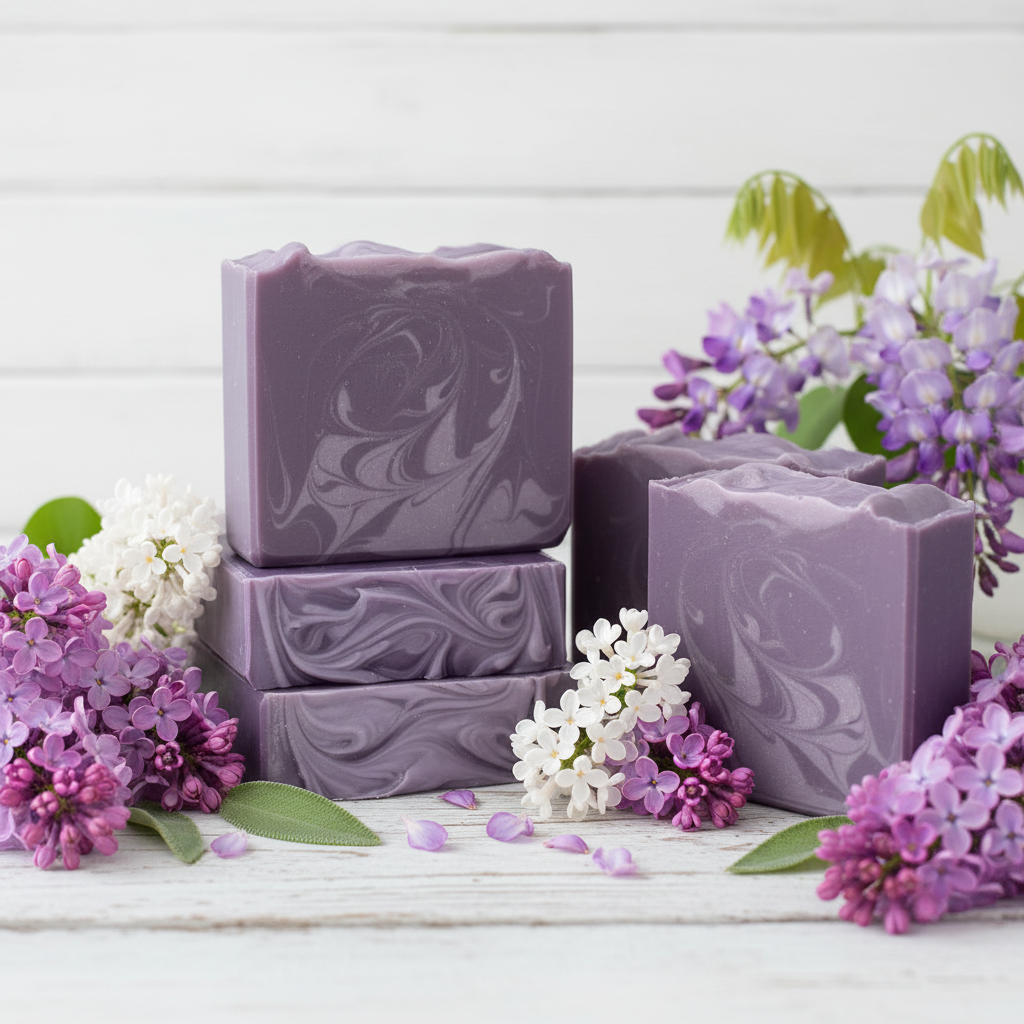 Deep purple lilac swirled goat milk soap bars styled with fresh lilac flower clusters, petals, and wisteria on a soft white wood surface