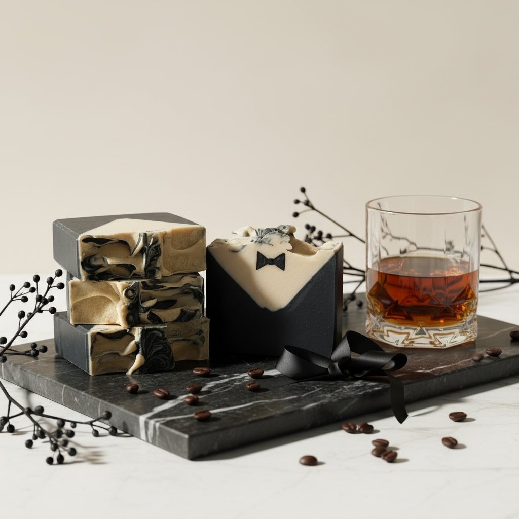 Maverick Noir black and cream tuxedo goat milk soap bars styled on white marble with coffee beans, black ribbon, and dark botanicals