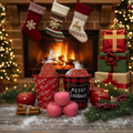 Apple Cinnamon Christmas wax melt buckets displayed on snow-dusted wood with apple-shaped melts, a glowing fireplace with four stockings hanging from the mantle and four wrapped gifts beside the hearth, and warm fairy lights