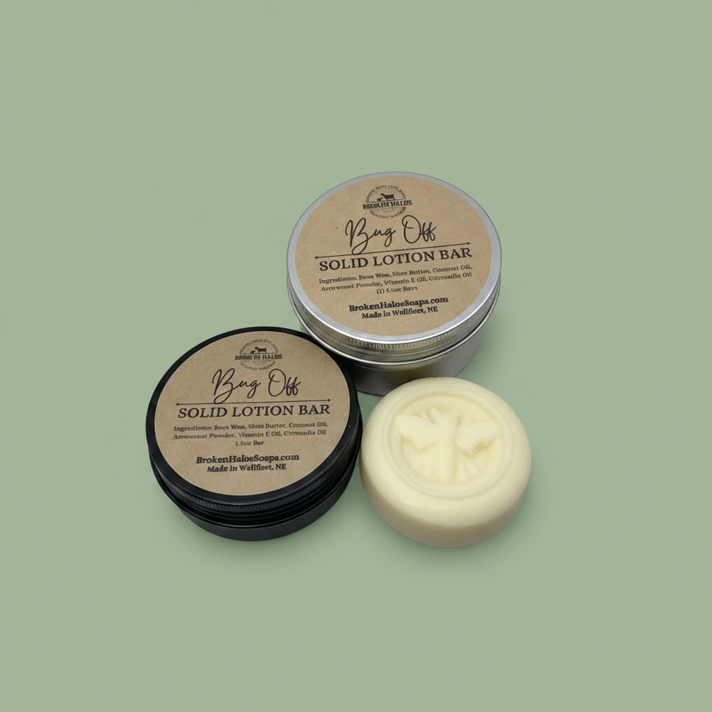Bug Off Solid Lotion Bars on a sage green background