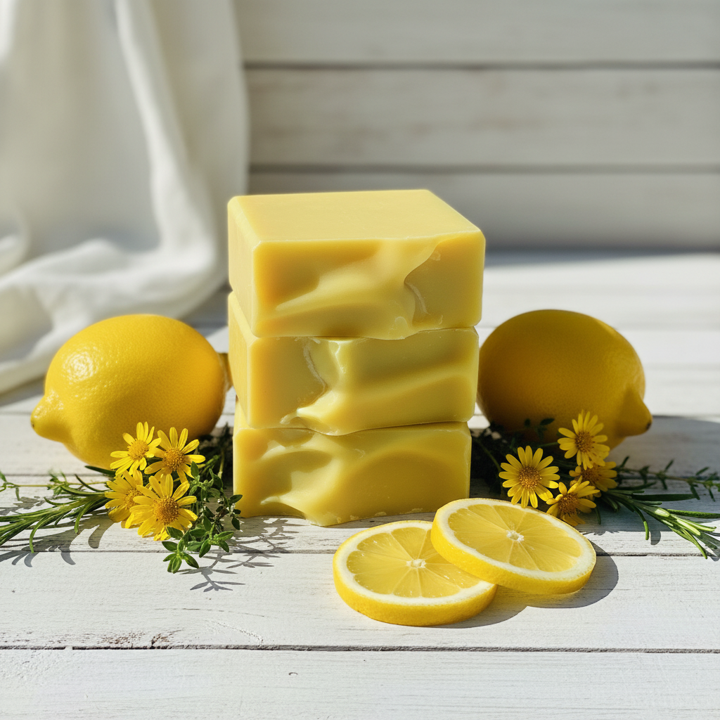 Lemonade Stand goat milk soap bars styled with fresh lemons, lemon slices, yellow wildflowers, and fresh herbs on a bright white wood surface