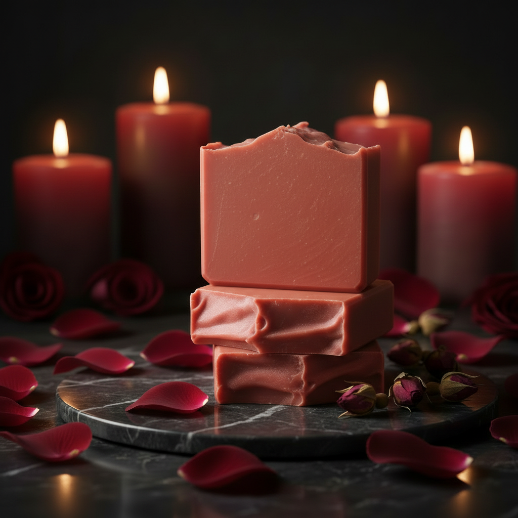 Scarlet Noir goat milk soap bars prominently displayed with rose petals and dried rosebuds in bright, soft natural light