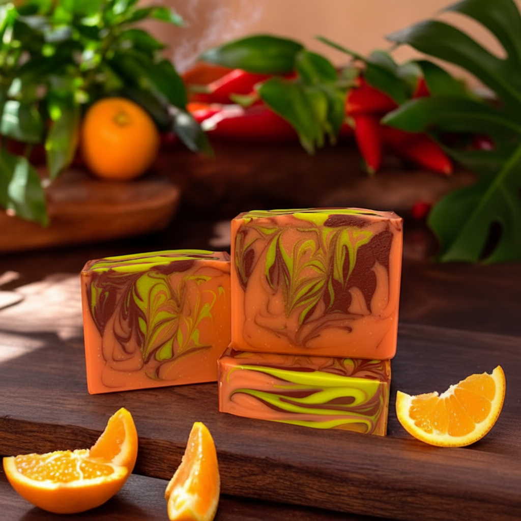 Sweet orange goat milk soap bars styled on dark wood with fresh oranges, orange wedges, red chili peppers, and lush green leaves in warm golden light
