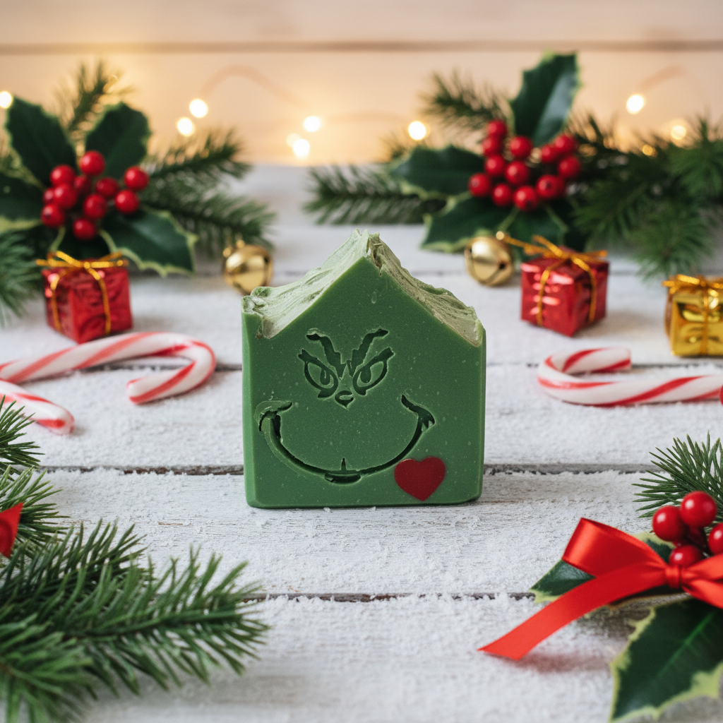 Green goat milk soap bar with embossed smiling face and red heart displayed in a festive Christmas scene with candy canes, pine branches, holly berries, and fairy lights