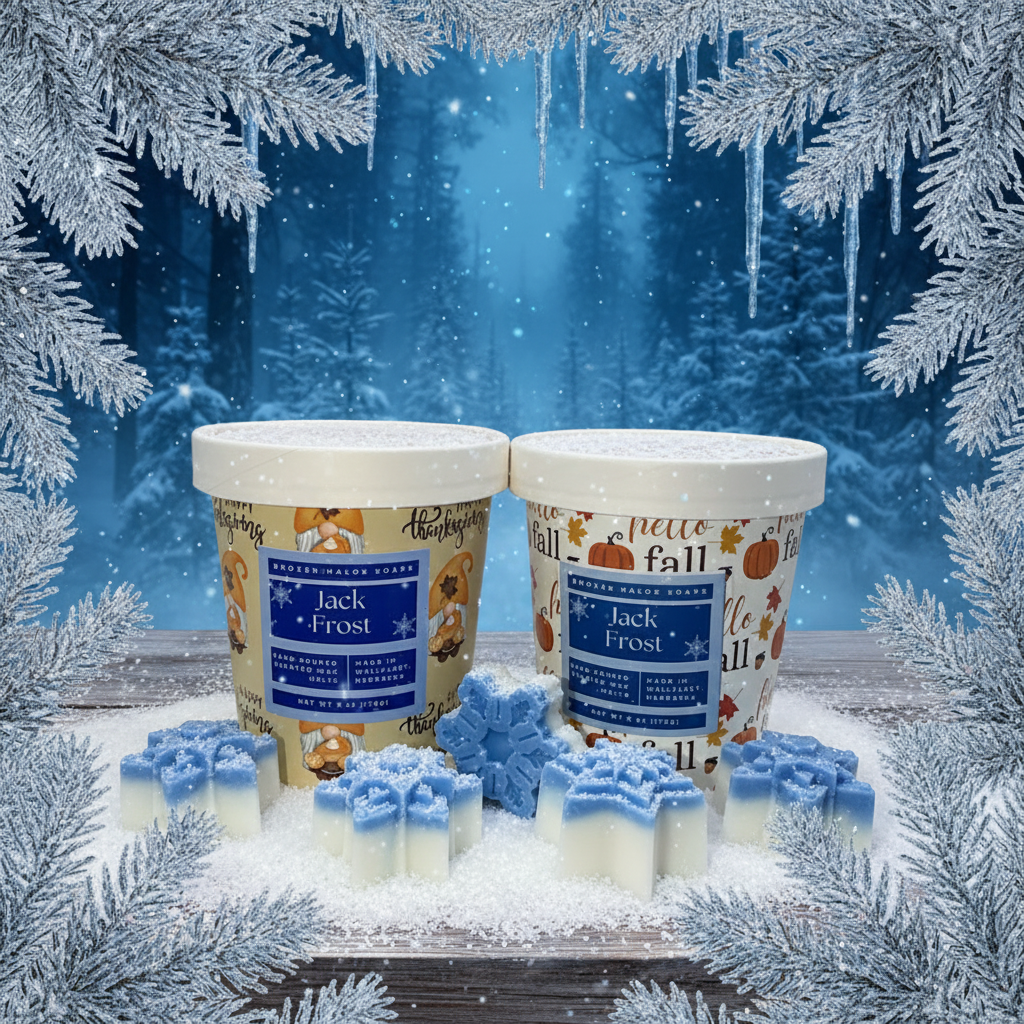 Jack Frost wax melt buckets displayed on a snow-dusted surface with frosted pine branches, icicles, falling snowflakes, and a magical moonlit winter forest in the background