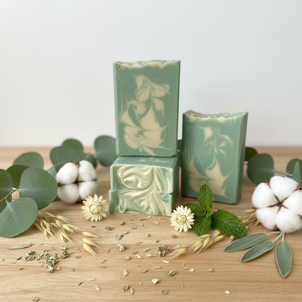 Eucalyptus and cotton goat milk soap bars styled on natural wood with fresh eucalyptus branches, white cotton bolls, and mint sprigs