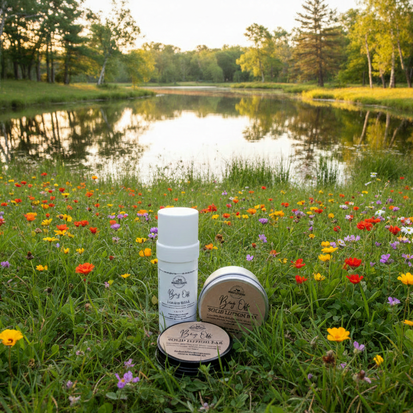 Bug Off lotion stick and solid lotion bars with lake meadow background