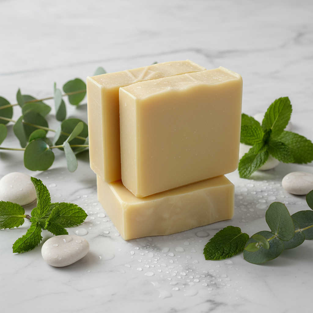 Eucalyptus and mint goat milk soap bars styled on white marble with fresh eucalyptus branches, mint sprigs, and smooth stones
