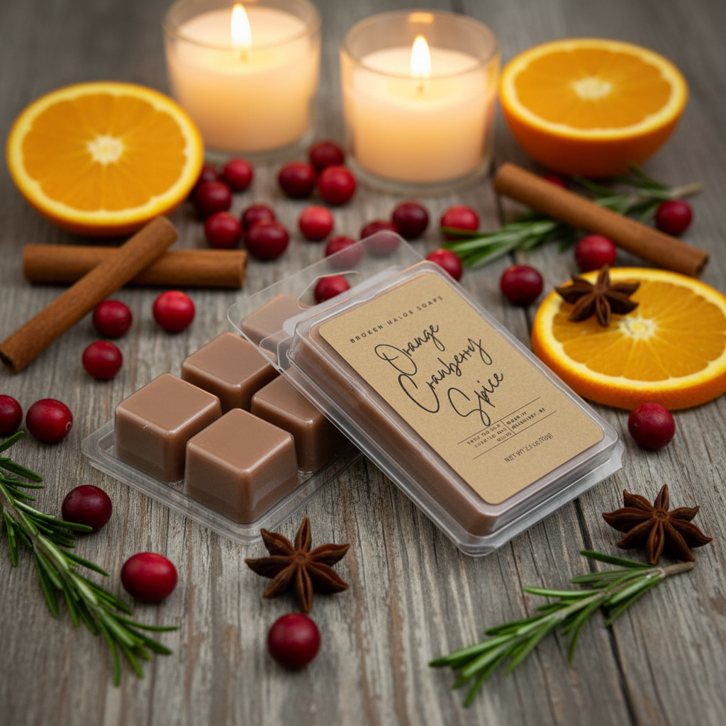 Orange Cranberry Spice wax melt clamshell packages displayed with fresh cranberries, orange slices, cinnamon sticks, star anise, rosemary sprigs, and glowing candles in warm holiday light