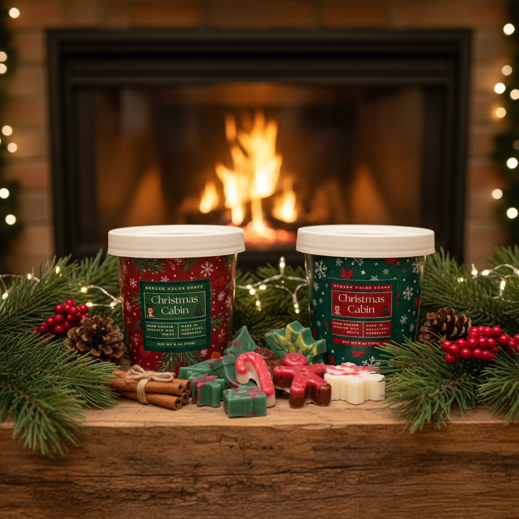 Christmas Cabin wax melt buckets displayed on a rustic cabin mantle with pine branches, pine cones, red berries, cinnamon sticks, festive shaped melts, and a warm glowing fireplace in the background