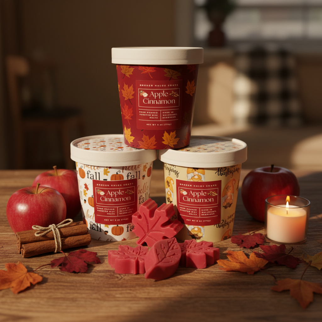 Apple Cinnamon wax melt buckets displayed on a rustic wooden surface with fresh red apples, cinnamon sticks, deep red maple leaves, and a warm glowing candle in rich autumn tones