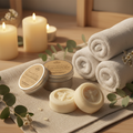 Solid lotion bars in a cozy spa setting with candles and botanicals