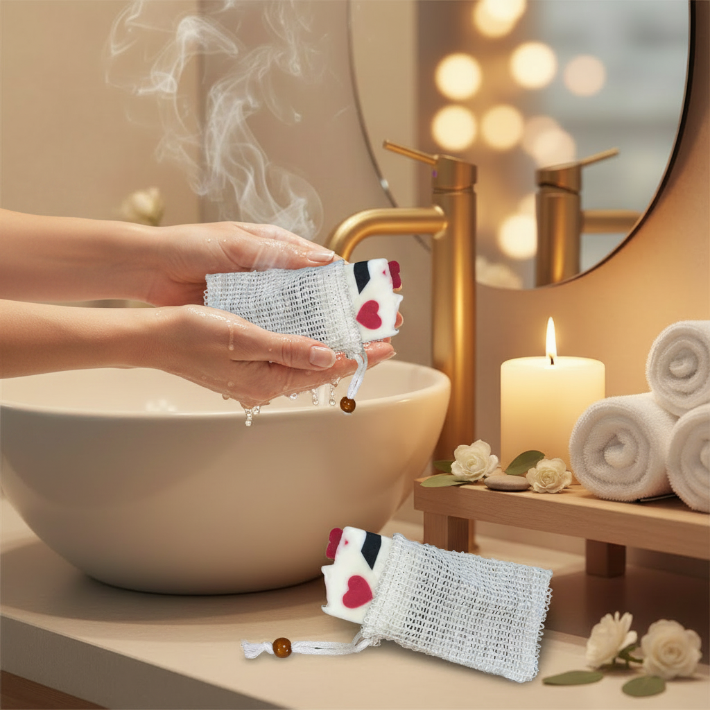 Sisal soap pouch held over spa sink
