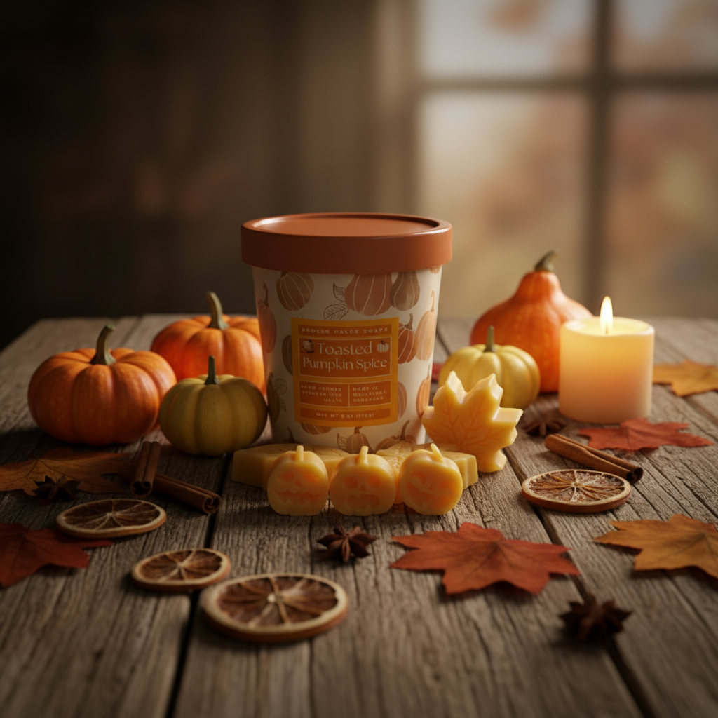 Toasted Pumpkin Spice wax melt bucket displayed on a rustic wooden surface with sugar pumpkins, mini gourds, cinnamon sticks, star anise, dried orange slices, autumn leaves, and a glowing candle in warm golden harvest light