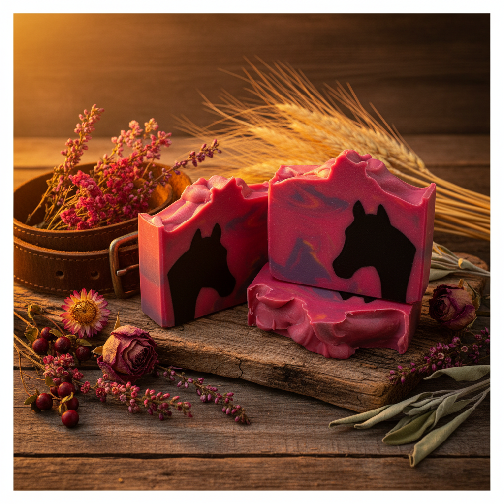 Long Live Cowgirls goat milk soap bars with horse silhouettes styled on rustic wood with dried wildflowers, leather, sage, and golden wheat in warm sunset light