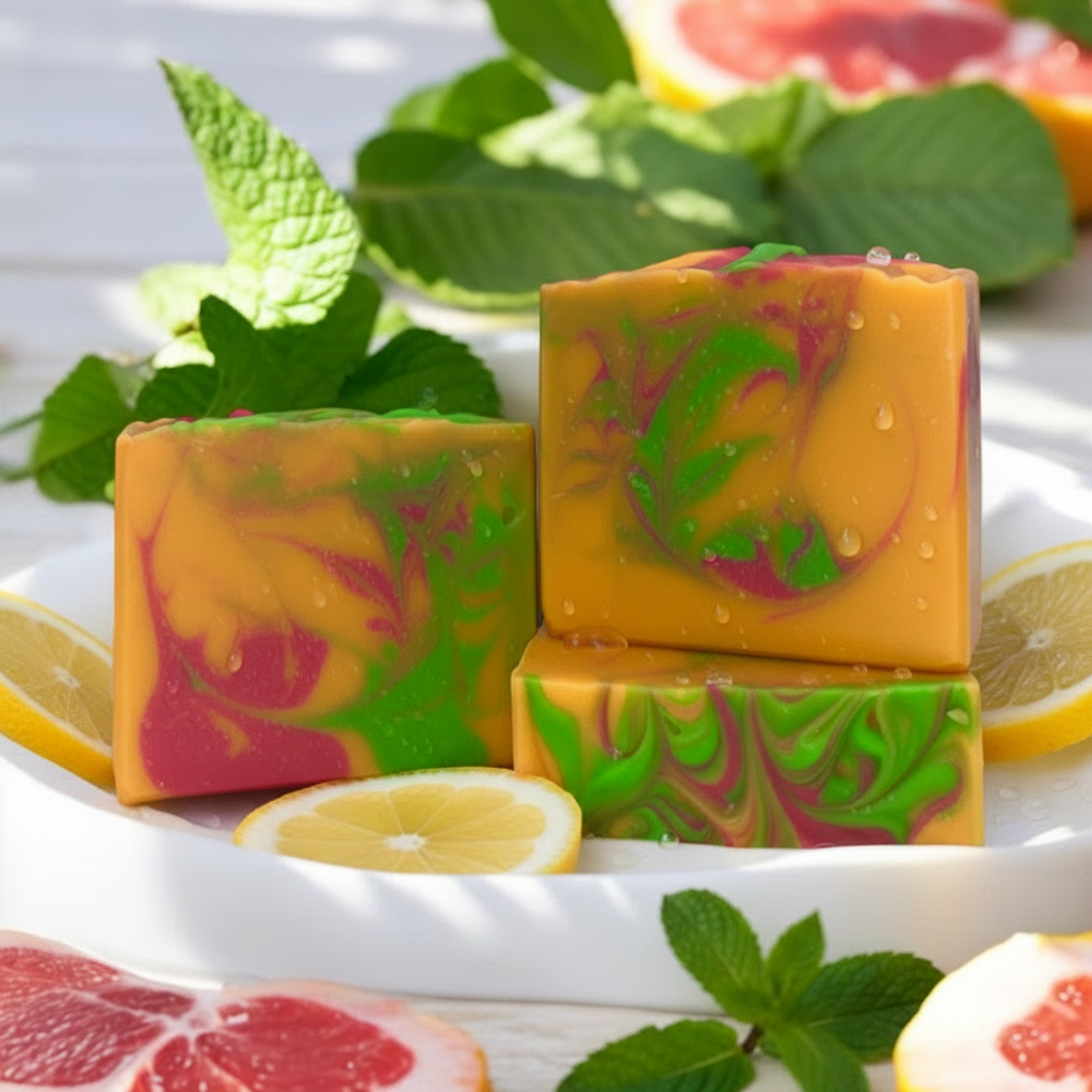 Grapefruit mint goat milk soap bars styled with fresh mint leaves, halved grapefruits, and lemon slices on a white wood surface