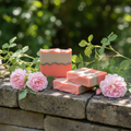 Wild Rose goat milk soap bars on a weathered stone surface in a soft outdoor garden setting with light pink wild roses and dappled sunlight