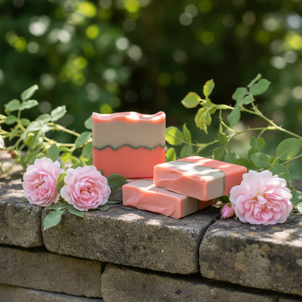 Wild Rose goat milk soap bars on a weathered stone surface in a soft outdoor garden setting with light pink wild roses and dappled sunlight